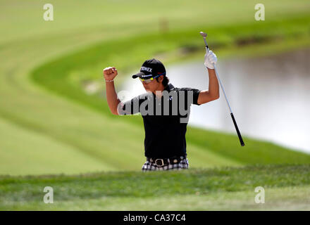 Ryo Ishikawa (JPN), MARCH 23, 2012 - Golf : Ryo Ishikawa of Japan celebrates after shoot a par shot from the sand trap on the 11th hole during the second round of the Arnold Palmer Invitational at Arnold Palmer's Bay Hill Club and Lodge in Orlando, Florida. (Photo by Thomas Anderson/AFLO)(JAPANESE N Stock Photo