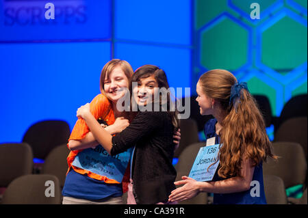 May 30, 2012 - National Harbour, Maryland, U.S. - ABIGAIL VIOLET SPITZER, 14, of El Paso, Texas, celebrates with VISMAYA JUI KHARKAR, 13, of Bountiful, UT and JORDAN HOFFMAN, 14 of Lee's Summit, MO, after they are named as semifinalists following round three of the 85th Annual Scripps National Spell Stock Photo