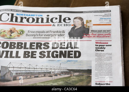 The First  Front Page of the once daily Chronicle & Echo which has now gone weekly. 31st May 2012 Northampton Northants England UK Stock Photo