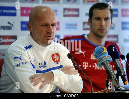 Coach of the Czech national soccer team Michal Bilek and Petr Cech during press conference ahead of the EURO 2012 in Prague, Czech Republic on May 31, 2012. (CTK Photo/Vit Simanek) Stock Photo