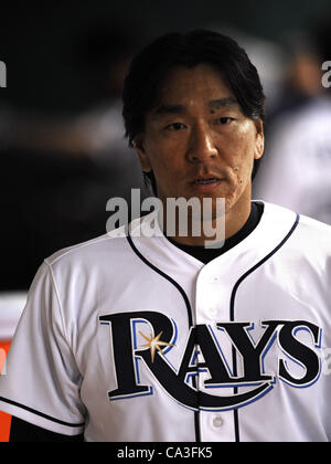 Hideki Matsui (Rays), MAY 29, 2012 - MLB : Hideki Matsui of the Tampa Bay Rays in the dugout during the game against the Chicago White Sox at Tropicana Field in St. Petersburg, Florida, United States. (Photo by AFLO) Stock Photo