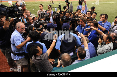 Hideki Matsui (Rays), MAY 29, 2012 - MLB : Hideki Matsui of the Tampa Bay Rays is surrounded by the media before the game against the Chicago White Sox at Tropicana Field in St. Petersburg, Florida, United States. (Photo by AFLO) Stock Photo