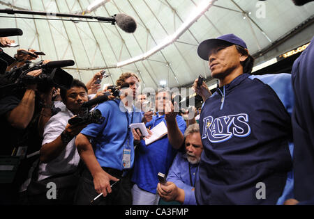 Hideki Matsui (Rays), MAY 29, 2012 - MLB : Hideki Matsui of the Tampa Bay Rays is interviewed by the media before the game against the Chicago White Sox at Tropicana Field in St. Petersburg, Florida, United States. (Photo by AFLO) Stock Photo