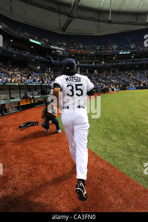 Hideki Matsui (Rays), MAY 29, 2012 - MLB : Hideki Matsui of the Tampa Bay Rays runs to the dugout before the game against the Chicago White Sox at Tropicana Field in St. Petersburg, Florida, United States. (Photo by AFLO) Stock Photo