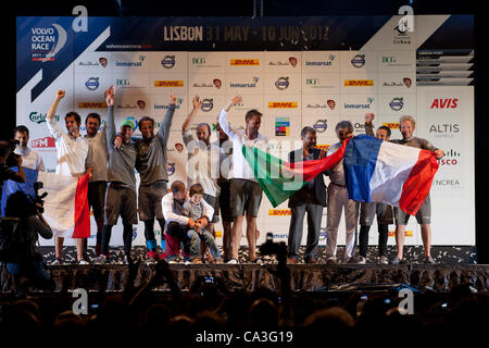 31.05.2012 Lisbon, Portugal. Groupama sailing team celebrating their second place after Abu Dhabi Ocean Racing on the Leg 7 of Volvo Ocean Race between Miami, USA and Lisbon, Portugal. Groupama sailing team arrived  onboard with Franck Cammas, Skipper (France), Brad Marsh, Bowman (New Zealand), Char Stock Photo