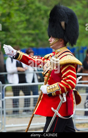 Drum Major of the Grenadier Guards leads the band marching to the Trooping the Colour Major General's Review on Horse Guards Parade,  The Mall, London, England, Saturday, June 02, 2012. The 1st. Battalion Coldstream Guards are Trooping their Colour in 2012. Stock Photo