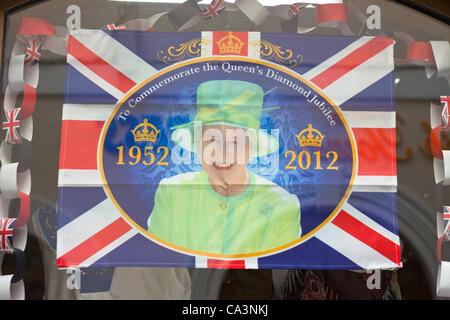 Gibraltar, UK. Saturday 2nd June 2012. Centre of Gibraltar decorated with flags, photos of Queen Elizabeth II and Royal Family. The Diamond Jubilee of Queen Elizabeth II. The international celebration in 2012, marking 60 years of The Queen’s reign. Stock Photo