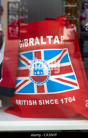 Gibraltar, UK. Saturday 2nd June 2012. Centre of Gibraltar decorated with flags, photos of Queen Elizabeth II and Royal Family. The Diamond Jubilee of Queen Elizabeth II. The international celebration in 2012, marking 60 years of The Queen’s reign. Stock Photo