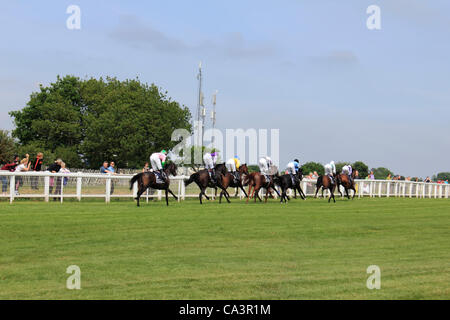 02/06/12. Epsom Downs, Surrey, UK. Horses and riders racing past the 8 furlong marker at The Derby 2012. Winner Camelot 2nd last.