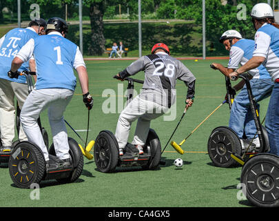 Stockholm, Sweden. Wed 6th June 2012.  Segway Polo World Cup. 'X-Turtles' from Koln, Germany plays 'The Originals', in Blue from California, USA Stock Photo