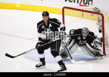 06.06.2012. Staples Center, Los Angeles, California.   The Los Angeles Kings defensemen #2 Matt Greene &quot;A&quot; (USA) and goaltender #32 Jonathan Quick (USA) defend the net during the New Jersey Devils game versus the Los Angeles Kings in game 4 of the Stanley Cup Final at Staples Center in Los Stock Photo