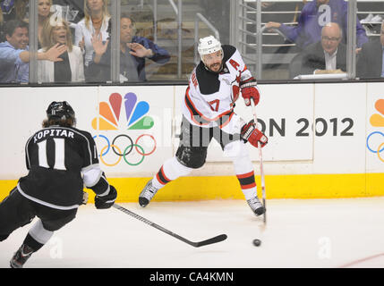 06 June 2012: Devils (17) Ilya Kovalchuk &quot;A&quot; passes the puck during game 4 of the Stanley Cup Final between the New Jersey Devils and the Los Angeles Kings at the Staples Center in Los Angeles, CA. Stock Photo