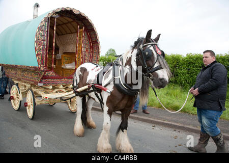 Thursday 7th June 2012 at Appleby, Cumbria, England, UK. Horse drawn bow-top wagons arrive from all over the UK on the first day of the Appleby Fair, the biggest annual gathering of Gypsies and Travellers in Europe.  The fair takes place 7th-13th June 2012. Stock Photo