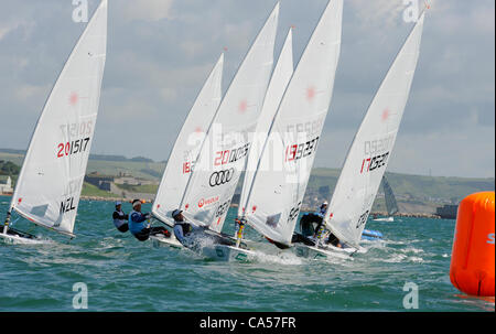 9.06.2012 Weymouth, England. Skandia Sail for Gold Regatta. Men's Laser, Medal Race at Weymouth and Portland Bay. Stock Photo