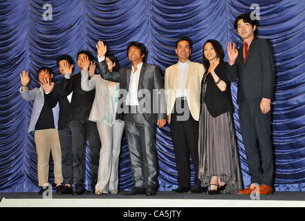 Masaaki Uchino and cast members, June 07, 2012 : Tokyo, Japan : (L-R)Director Hajime Hashimoto, actors Hiroyuki Hirayama, Dai Watanabe, Yuki Matsushita, Masaaki Uchino, Kyozo Nagatsuka, Mayumi Wakamura and Tasuku Emoto attend a premiere for the film 'Rinjo' in Tokyo, Japan, on June 7, 2012. (Photo b Stock Photo