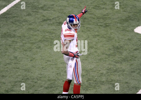 Feb. 5, 2012 - Indianapolis, IN, USA - New York Giants wide receiver Mario Manningham #82 signals first down after a catch that was reviewed and confirmed during Super Bowl XLVI. Super Bowl XLVI came down to the final seconds as the New York Giants beat the New England Patriots with a final score of Stock Photo