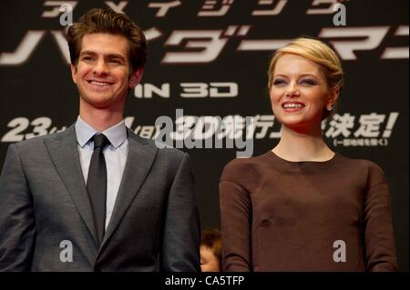 June 13th, 2012 : Tokyo, Japan – Andrew Garfield and Emma Stone appear at the World Premiere  for “The Amazing Spider-Man' by  Mark Webb held at the futuristic Roppongi Hills complex in downtown Tokyo, Japan. Stock Photo