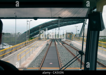 13 June 2012.  View through the driver's cab of the Central Park Transport Interchange at Newton Heath, Manchester.  Taken on the first day of the new Metrolink tram service between Manchester and Oldham. Stock Photo