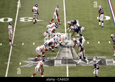 Feb. 5, 2012 - Indianapolis, IN, USA - The New York Giants offense and the New England Patriots defense on the field. Super Bowl XLVI came down to the final seconds as the New York Giants beat the New England Patriots with a final score of 21-17 in Lucas Oil Stadium in Indianapolis, IN.  Photo By Aa Stock Photo