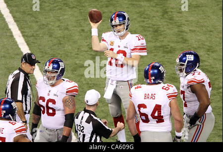 Feb. 5, 2012 - Indianapolis, IN, USA - New York Giants quarterback Eli Manning #10 shows his frustration after getting sacked by New England Patriots outside linebacker Rob Ninkovich #50 during Super Bowl XLVI. Super Bowl XLVI came down to the final seconds as the New York Giants beat the New Englan Stock Photo