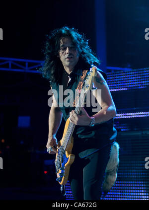 June 12, 2012 - Morrison, CO, USA - Bassist PAWEL MACIWODA of the Scorpions performs to a sold out crowd at Red Rocks Amphitheater Tuesday night. (Credit Image: © Hector Acevedo/ZUMAPRESS.com) Stock Photo