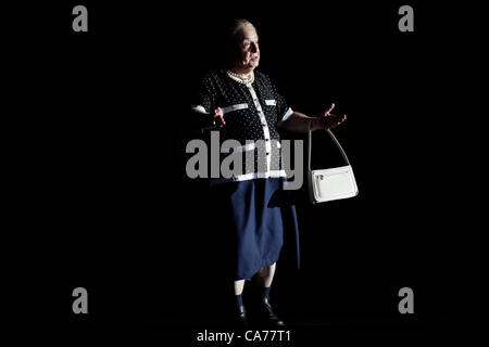 An actor dressed as former Israeli Prime Minister Golda Meir performing at the opening ceremony of the Presidium of the Zionist General Council meeting ( World Zionist Organization ) in Mount Herzl, Jerusalem on 20 June 2012. Hundreds of Jewish community leaders from around the world Stock Photo