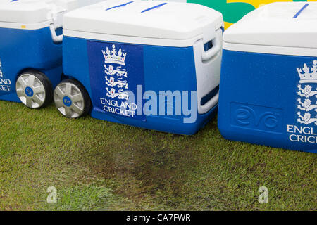 22/06/2012 Headingley England.  England team drink boxes sitting in puddles during a rain delayed  Nat West Series international cricket 3rd one day match between England and the West Indies at the Headingley Carnigie Ground. Stock Photo