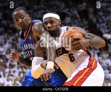 June 21, 2012 - Miami, Florida, U.S. -  defends Miami Heat small forward LeBron James (6) at AmericanAirlines Arena in Miami, FL. (Credit Image: © Allen Eyestone/The Palm Beach Post/ZUMAPRESS.com) Stock Photo