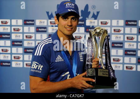 22/06/2012 Headingley England. England's captain Alastair Cook, with the Nat West Series trophy, after England won the series 2-0 with the 3rd match being abandoned due to rain at the Headingley Carnigie Ground. Mandatory credit: Mitchell Gunn. Stock Photo