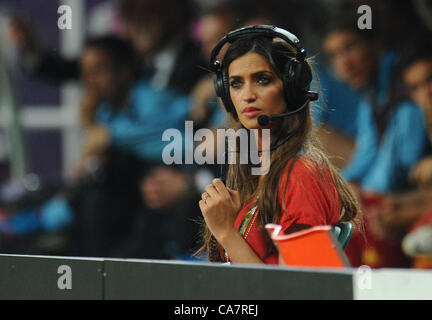 23.06.2012. Donetsk, Ukraine.  Sara Carbonero, the girlfriend of Spain's goalie Iker Casillas, during the UEFA EURO 2012 quarter final soccer match Spain vs France at Donbass Arena in Donetsk, Ukraine, 23 June 2012. Stock Photo