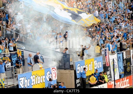Philadelphia, USA. 23 June, 2012. Philadelphia Union fans and the Sons of Ben celebrate a goal with drums / smoke / tifo during a professional MLS soccer / football match against the Sporting KC of Kansas City. Stock Photo