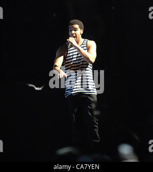 June 20, 2012 - Raleigh, North Carolina, U.S. - Rap artist DRAKE performing at the Time Warner Cable Music Pavilion located in Raleigh as part of the Club Paradise Tour (Credit Image: © Tina Fultz/ZUMAPRESS.com) Stock Photo