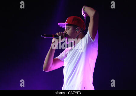 June 20, 2012 - Raleigh, North Carolina, U.S. - Rap artist J.COLE performing at the Time Warner Cable Music Pavilion located in Raleigh as part of the Club Paradise Tour (Credit Image: © Tina Fultz/ZUMAPRESS.com) Stock Photo
