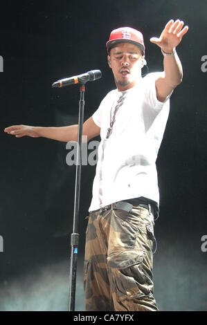 June 20, 2012 - Raleigh, North Carolina, U.S. - Rap artist J.COLE performing at the Time Warner Cable Music Pavilion located in Raleigh as part of the Club Paradise Tour (Credit Image: © Tina Fultz/ZUMAPRESS.com) Stock Photo
