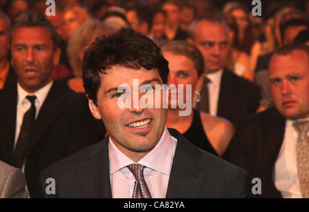 The annual award Golden Hockey Stick for the best ice hockey player of the season was announced in Karlovy Vary, Czech Republic on June 23, 2012. Czech ice hockey players Jaromir Jagr (front) and Pavel Nedved (left) pictured in the audience. (CTK Photo/Jan Sokol) Stock Photo