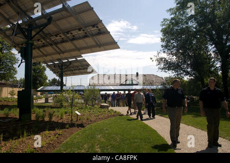 London, ON â€ June 26, 2012 â€ The TD Green Energy Park in London, Ontario. The park powers Canadaâ€s first net-zero energy bank branch, which features 244 solar panels and a dual electric car charger for customers. Stock Photo