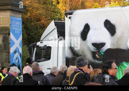 04/12/11 Giant Pandas arrive at Edinburgh Zoo.  Tian Tian and Yang Guang aka Sweetie and Sunshine arrive at Edinburgh zoo to a traditional welcome from a pipe band and local school children. Stock Photo