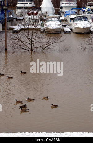 Feb 26, 2003 - Cincinnati, Ohio, USA - The rising waters of the Ohio River continue to swell to a flood stage of 52 feet, 26 feet over normal levels. Rising to a 6 year high, the water has covered the parking lots of restaurants, riverfront homes, flooded boat harbors, covered some low laying roads, Stock Photo