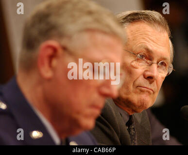 Secretary of Defense Donald Rumsfeld and Chairman, Joint Chiefs of Staff Gen. Richard Myers testify about Iraqi prisoner abuse before the Senate Armed Services Committee on Capitol Hill in Washington on May 7, 2004. Stock Photo