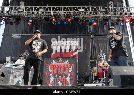 Aug. 14, 2010 - Commerce City, Colorado, U.S. - Cypress Hill performs at the Mile High Music Festival. Pictured left to right: DJ MUGGS, SEN DOG, ERIC BOBO and B-REAL. (Credit Image: © Don Senia Murray/ZUMApress.com) Stock Photo