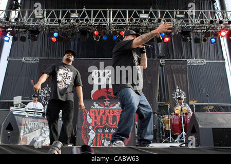 Aug. 14, 2010 - Commerce City, Colorado, U.S. - Cypress Hill performs at the Mile High Music Festival. Pictured left to right: DJ MUGGS, SEN DOG, B-REAL and ERIC BOBO. (Credit Image: © Don Senia Murray/ZUMApress.com) Stock Photo