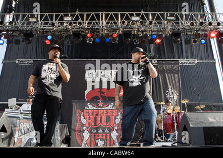 Aug. 14, 2010 - Commerce City, Colorado, U.S. - Cypress Hill performs at the Mile High Music Festival. Pictured left to right: DJ MUGGS, SEN DOG, B-REAL and ERIC BOBO. (Credit Image: © Don Senia Murray/ZUMApress.com) Stock Photo