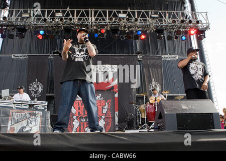Aug. 14, 2010 - Commerce City, Colorado, U.S. - Cypress Hill performs at the Mile High Music Festival. Pictured left to right: DJ MUGGS, B-REAL, ERIC BOBO and SEN DOG. (Credit Image: © Don Senia Murray/ZUMApress.com) Stock Photo