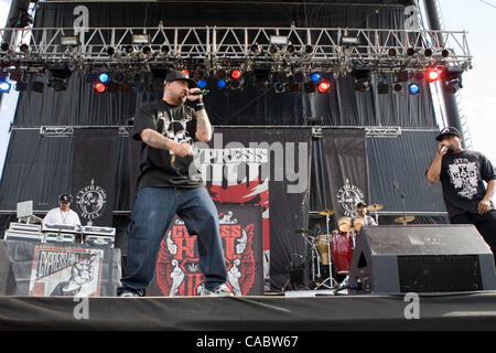 Aug. 14, 2010 - Commerce City, Colorado, U.S. - Cypress Hill performs at the Mile High Music Festival. Pictured left to right: DJ MUGGS, B-REAL, ERIC BOBO and SEN DOG. (Credit Image: © Don Senia Murray/ZUMApress.com) Stock Photo