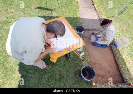 Aug. 18, 2010 - Millen, GEORGIA, U.S. - Georgia Southern University graduate student archaeologists Heather Amaral (R) and Brian Milner look for one of the stockade walls at Camp Lawton, a short-lived Confederate Civil War prison camp to house captured Union soldiers on 18 August 2010, outside of Mi Stock Photo