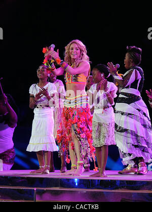 July 11, 2010 - Johannesburg, South Africa - Singer Shakira performs during the closing ceremony before the 2010 FIFA World Cup Final soccer match between Netherlands and Spain at Soccer City Stadium on July 11, 2010 in Johannesburg, South Africa. (Credit Image: © Luca Ghidoni/ZUMApress.com) Stock Photo