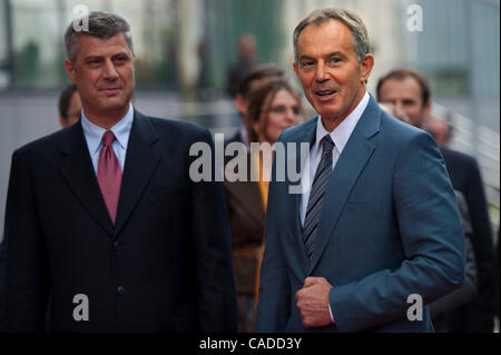 July 08, 2010 - Pristina, Pristina, Kosovo - Britain's former prime minister TONY BLAIR (right) and his host Kosovo's prime minister HASHIM THACI (left). Former British Prime Minister is on the two-day visit to Kosovo on invitation by the Kosovo's prime minister..Tony Blair is regarded as a hero in  Stock Photo
