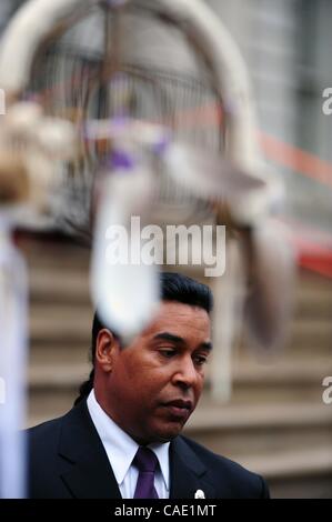 Aug. 23, 2010 - Manhattan, New York, U.S. - LANCE GUMBS of the National Congress of American Indians speaks as representatives of Native American tribes and organizations call on Mayor Michael Bloomberg to apologize for his racially insensitive remarks telling Governor Paterson to ''Get yourself a c Stock Photo