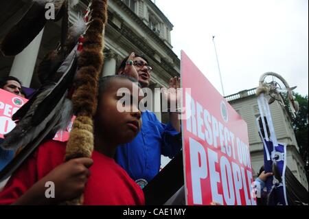 Aug. 23, 2010 - Manhattan, New York, U.S. - GEORGE STONEFISH of the American Indian Community House speaks as representatives of Native American tribes and organizations call on Mayor Michael Bloomberg to apologize for his racially insensitive remarks telling Governor Paterson to ''Get yourself a co Stock Photo