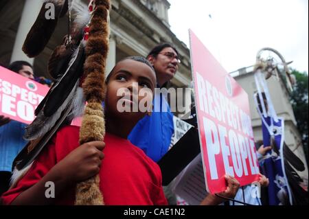 Aug. 23, 2010 - Manhattan, New York, U.S. - GEORGE STONEFISH of the American Indian Community House speaks as representatives of Native American tribes and organizations call on Mayor Michael Bloomberg to apologize for his racially insensitive remarks telling Governor Paterson to ''Get yourself a co Stock Photo